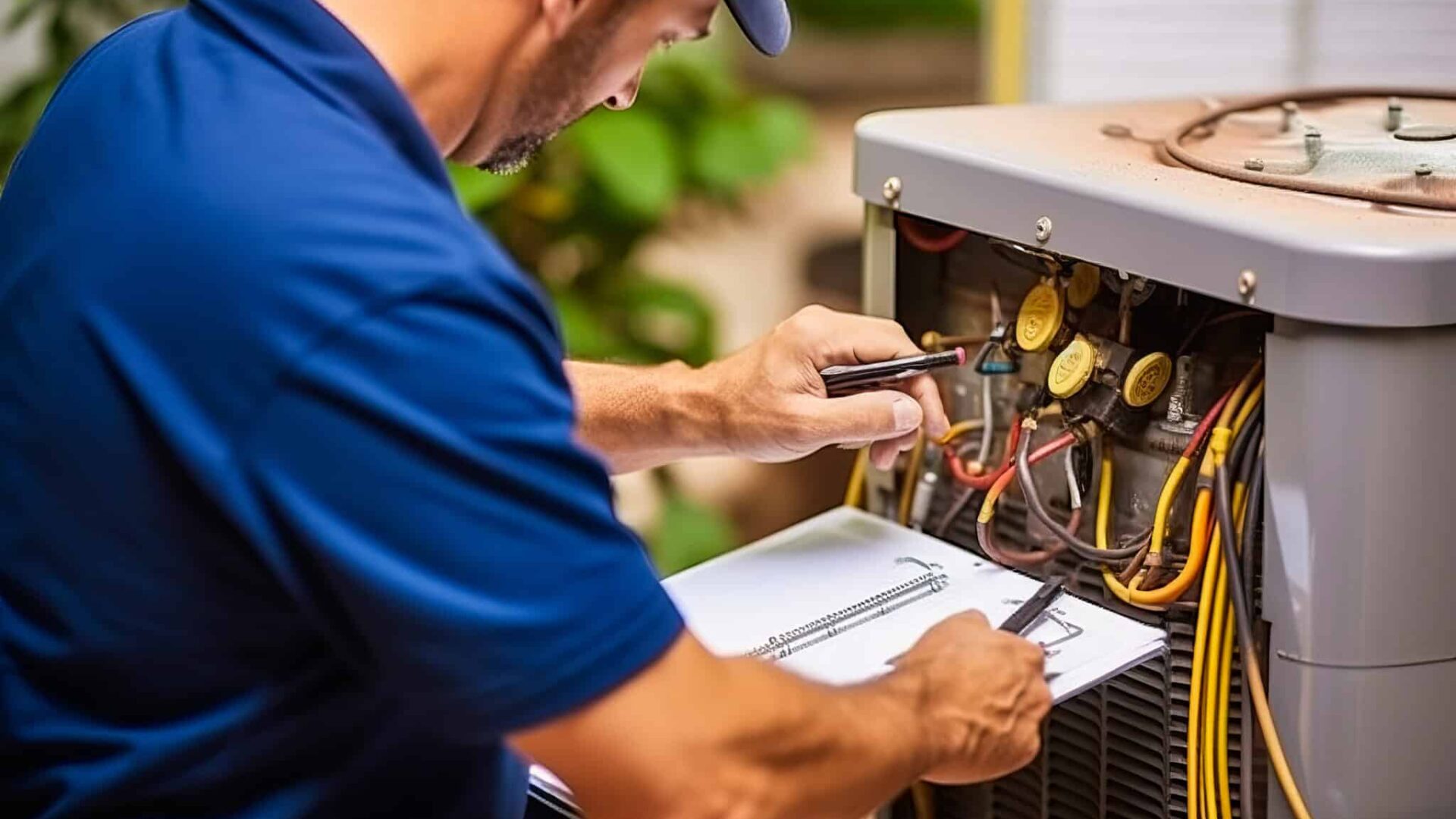 Efficient HVAC technician thoroughly inspecting a home air conditioning unit, holding clipboard in cool color indoor setting. Exudes professional technical ambiance.